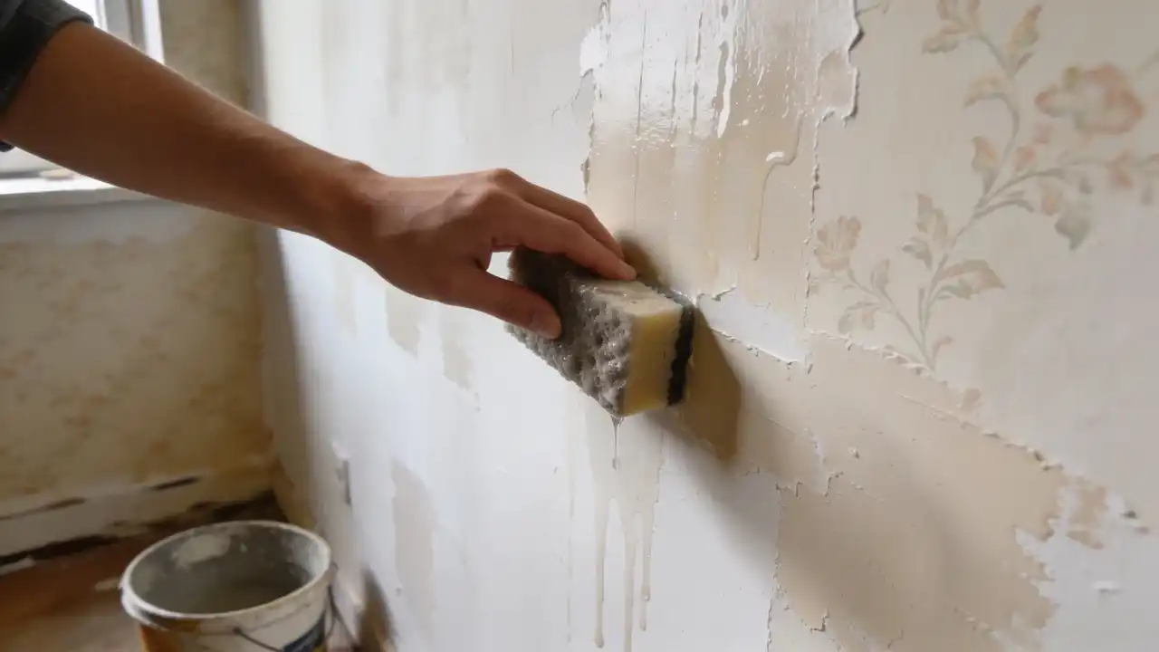 Close up hand using sponge to scrub wall surface, lifting old wallpaper paste and softening adhesive during stripping.