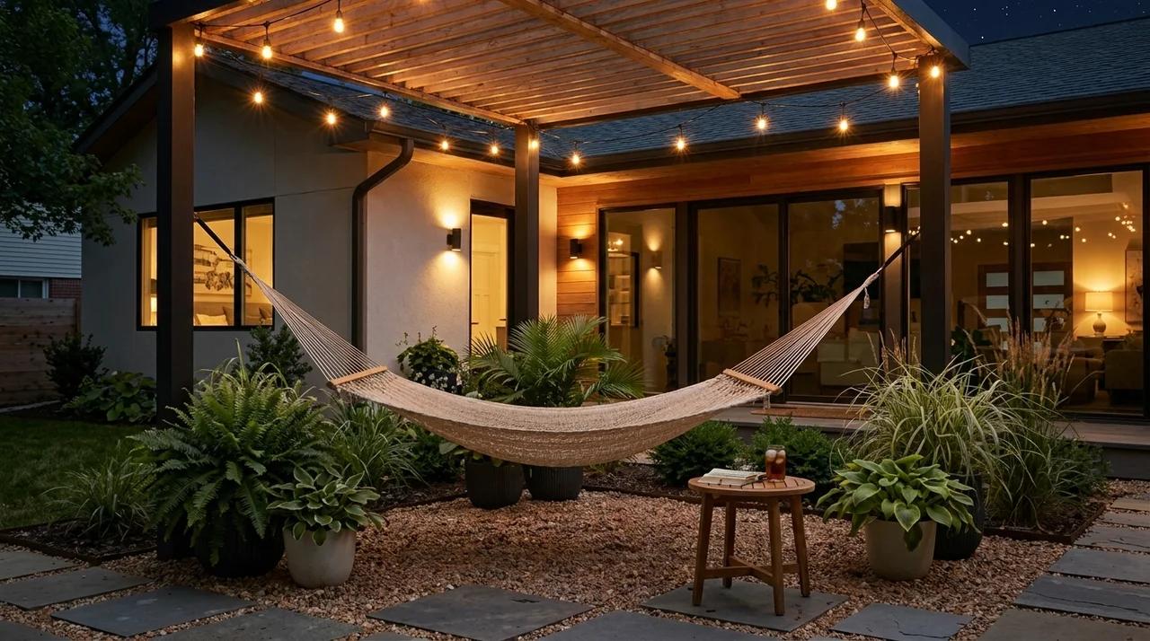 Small backyard hammock area surrounded by shade plants and soft greenery.