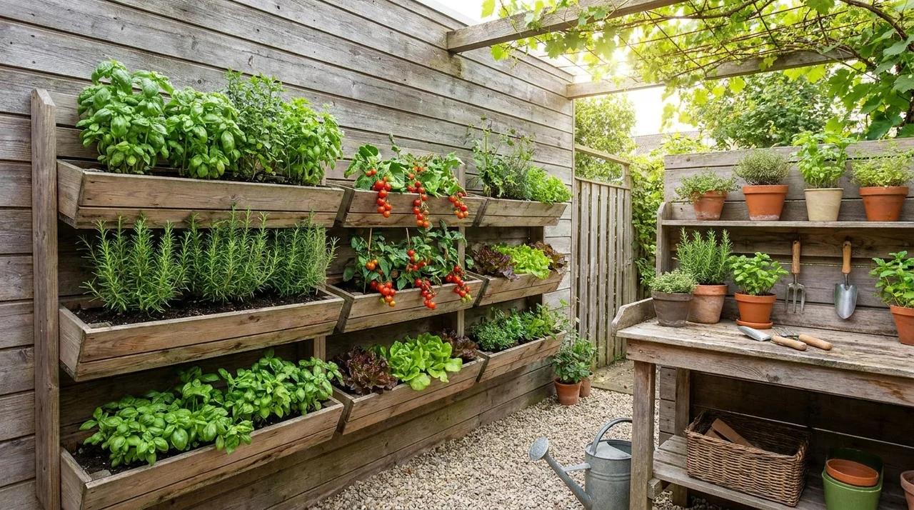 Vertical backyard garden wall growing fresh herbs and vegetables in planters.