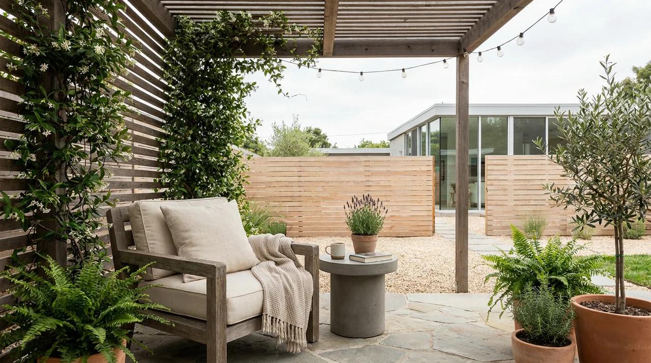 Cozy backyard reading corner with chair, side table, and surrounding garden plants.