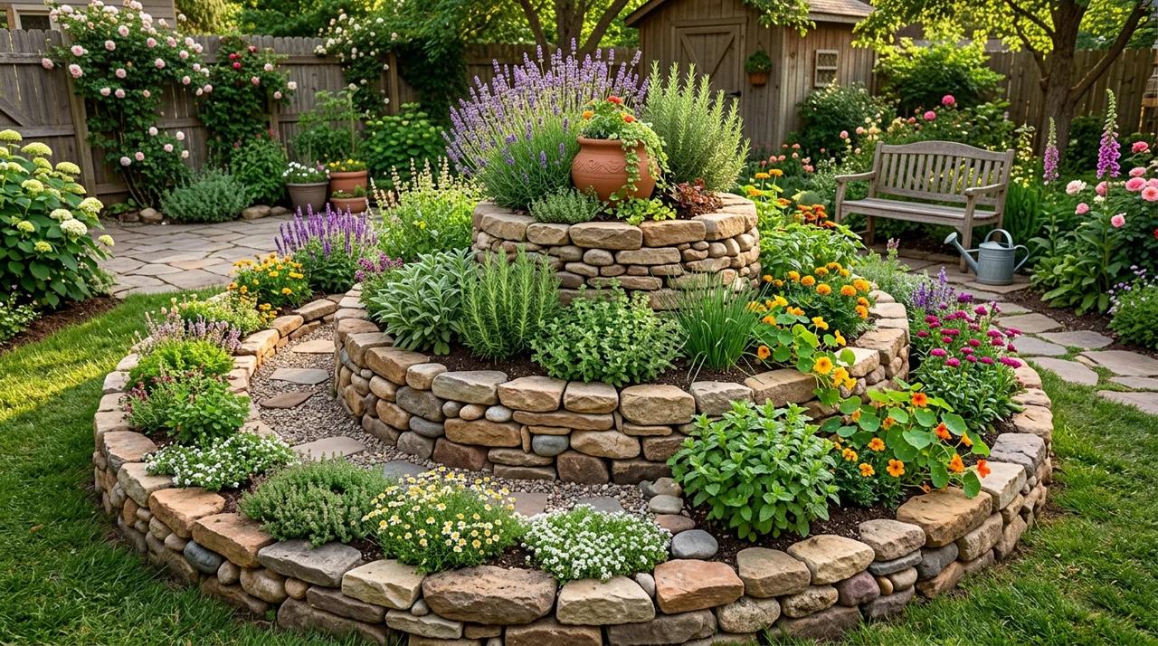 Small spiral garden structure with herbs and flowers arranged in layers.