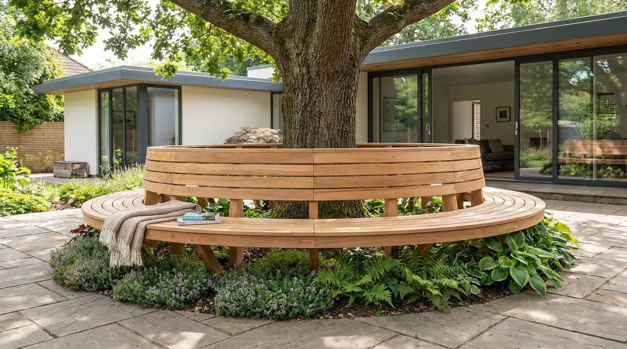 Circular wooden bench surrounding a mature tree in a backyard garden.