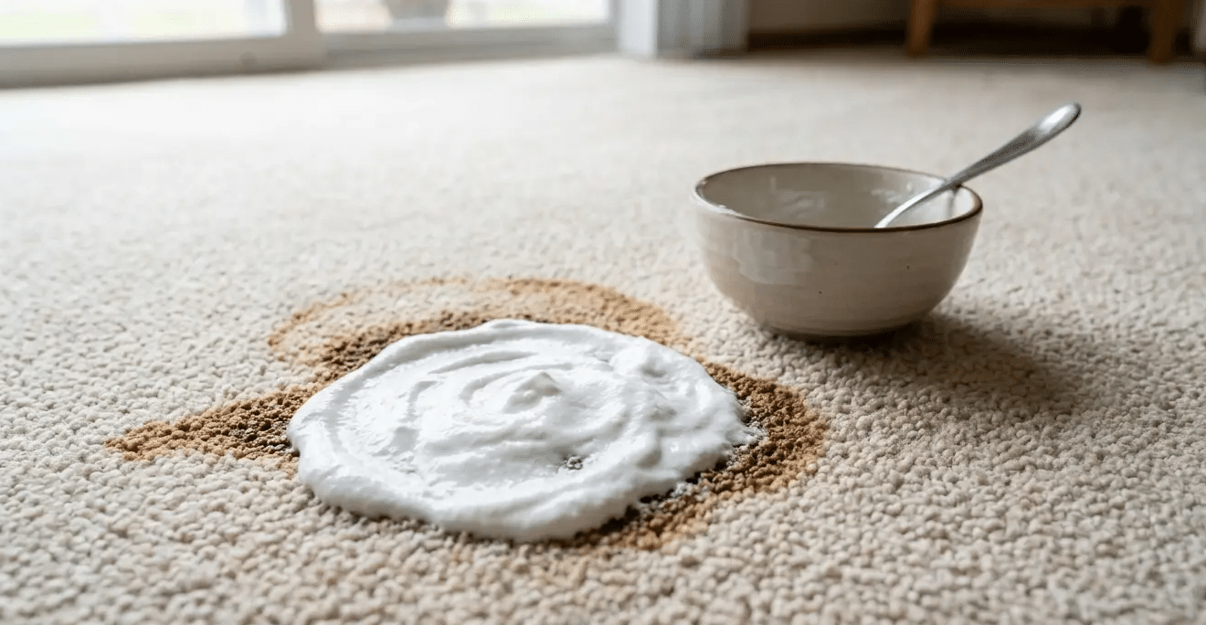 Baking soda paste applied to a brown stain on a beige carpet, with a bowl and spoon nearby.