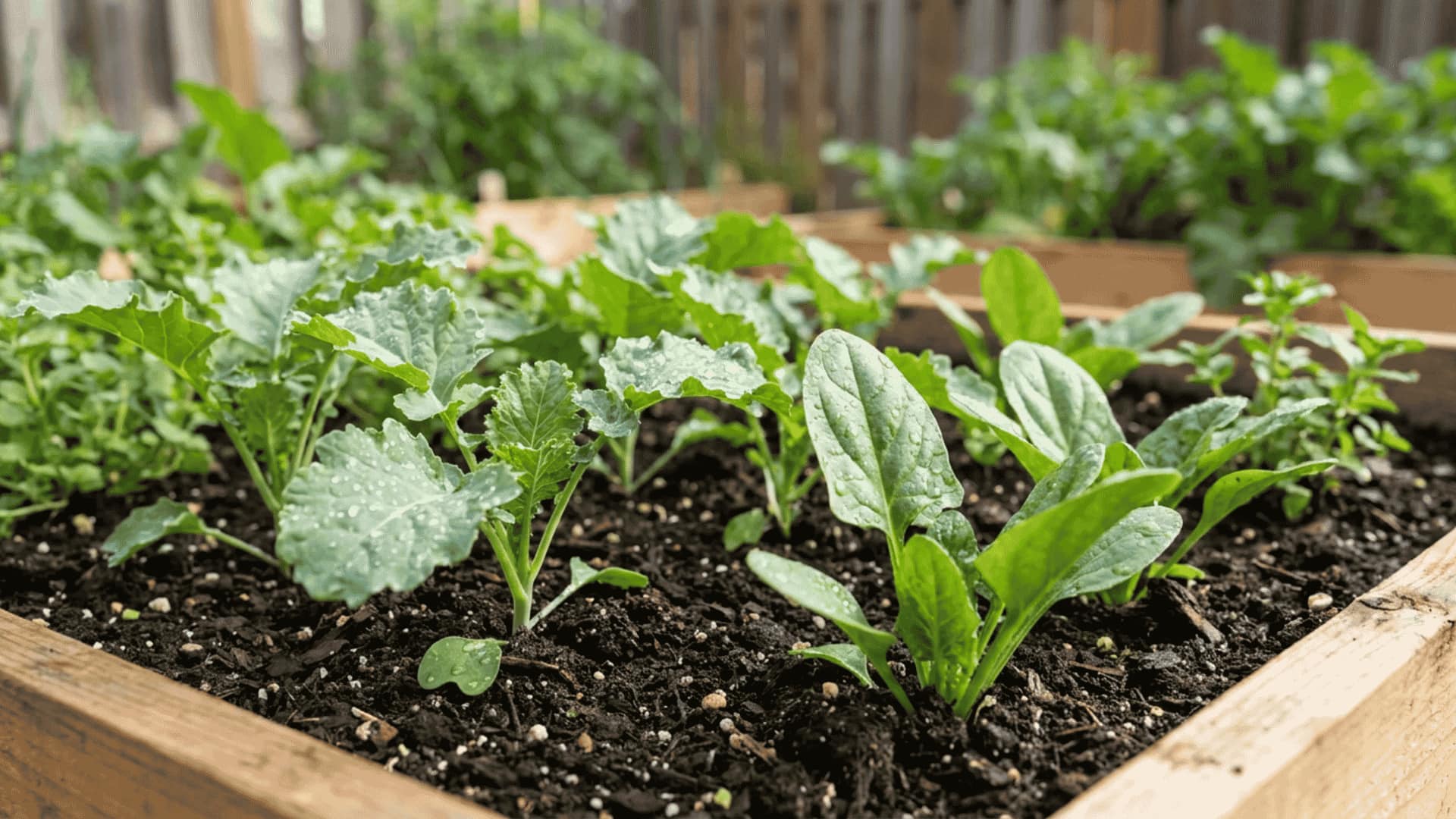 Healthy leafy green vegetables growing in a raised garden bed with rich organic soil supported by natural fertilizer for plants