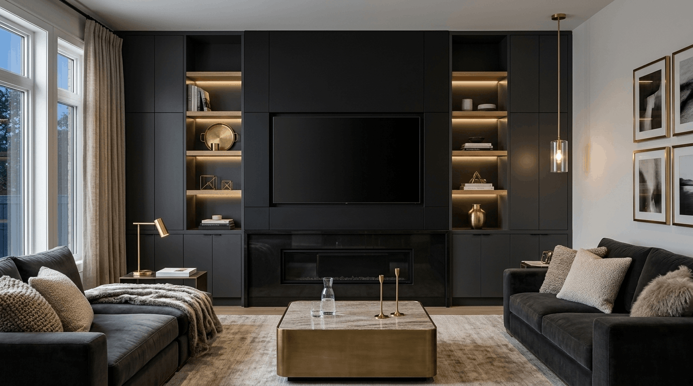 Black accent media wall with integrated TV and warm wood shelving