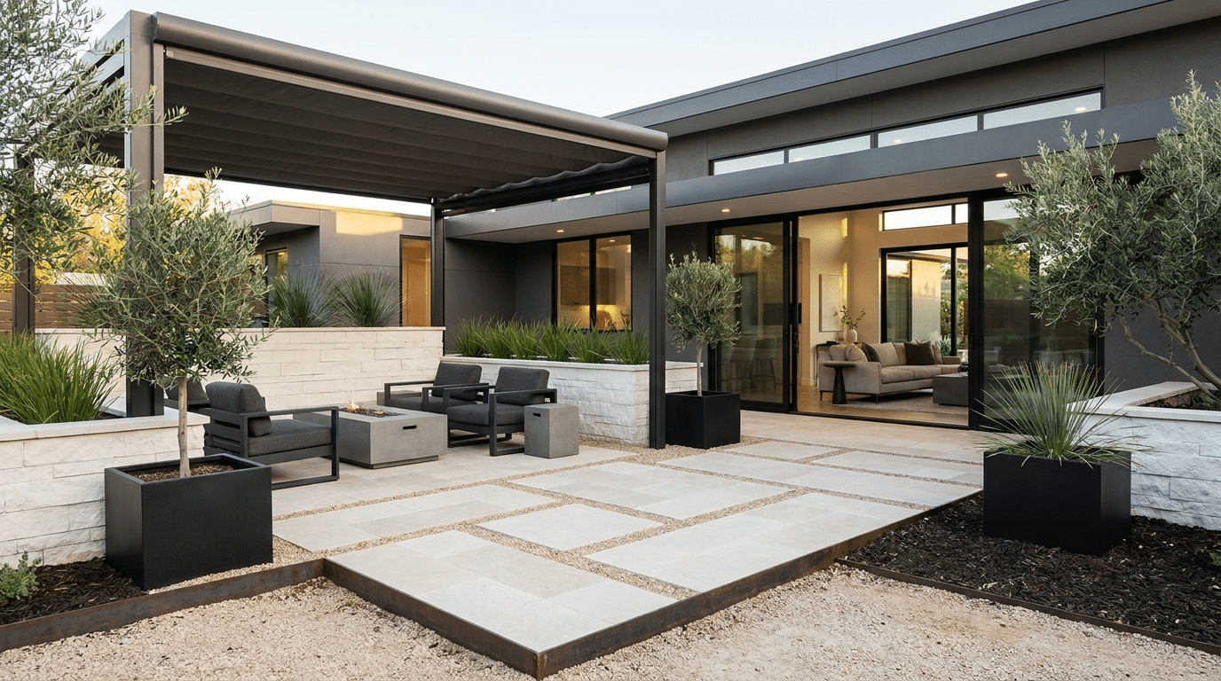Modern black and white pea gravel patio with dark edging, white stone accents, and minimalist design