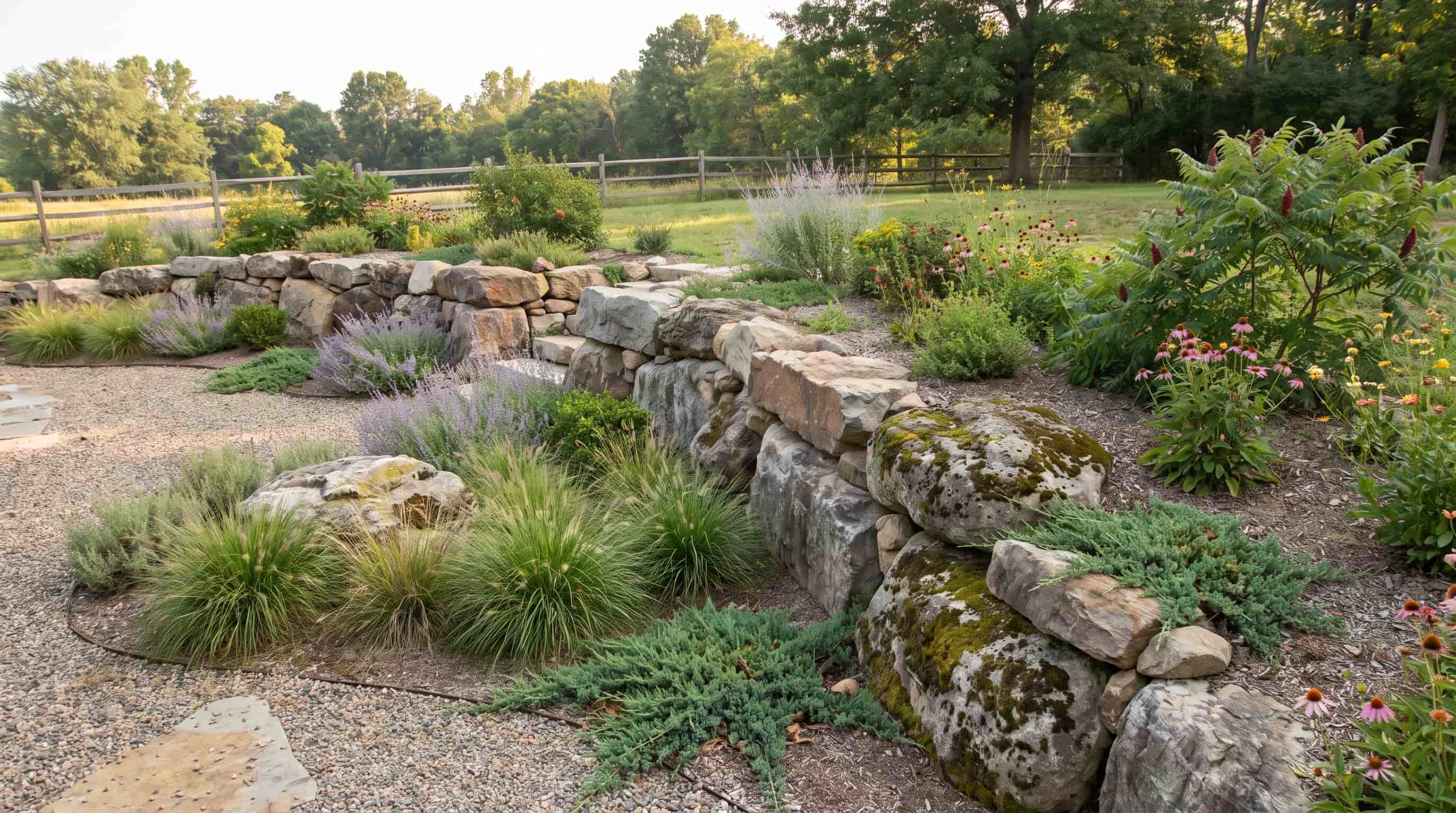 Large boulder retaining wall with native plants and gravel landscaping in a spacious natural backyard.