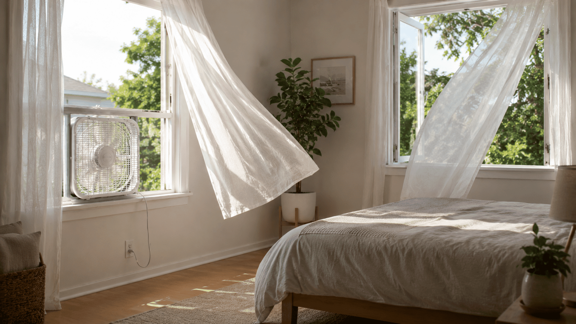 Bright bedroom with two open windows, flowing curtains, and a box fan creating cross-ventilation beside a neatly made bed.