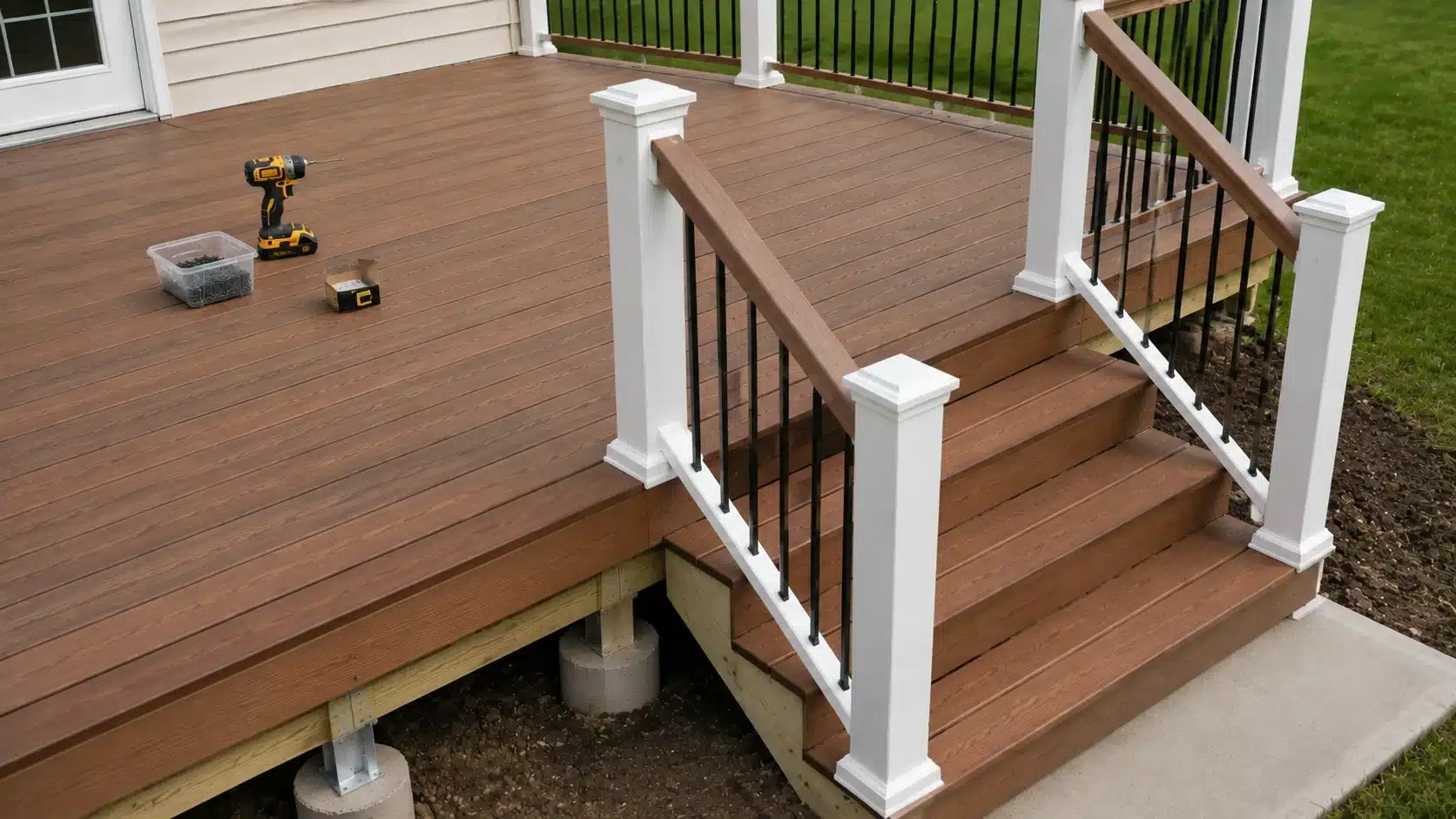 Finished deck stairs with wooden steps, posts, and railing installation Step 7: Finish and Protect Your Deck