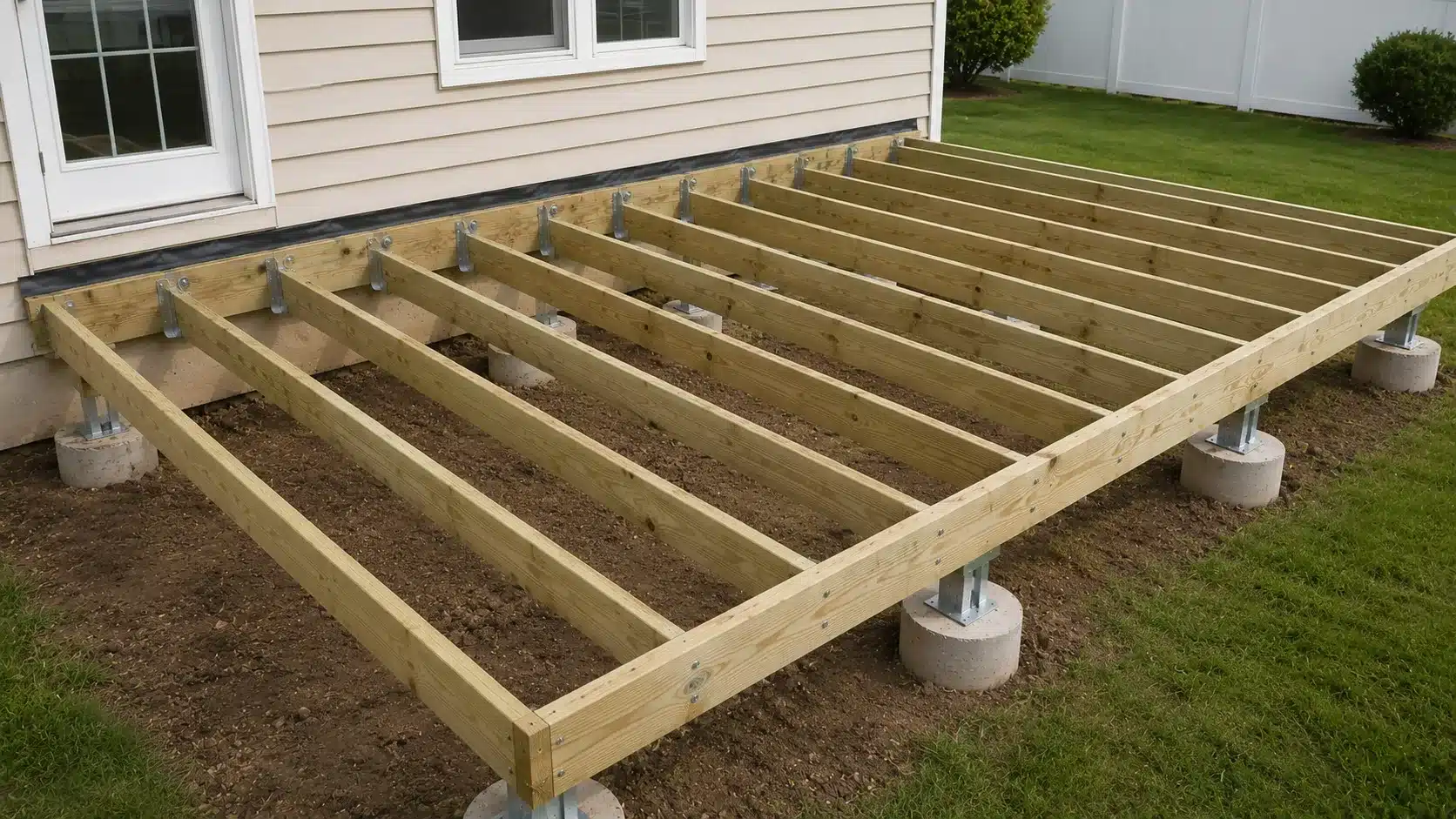Wooden deck frame with joists, beams, and concrete supports assembled beside a house