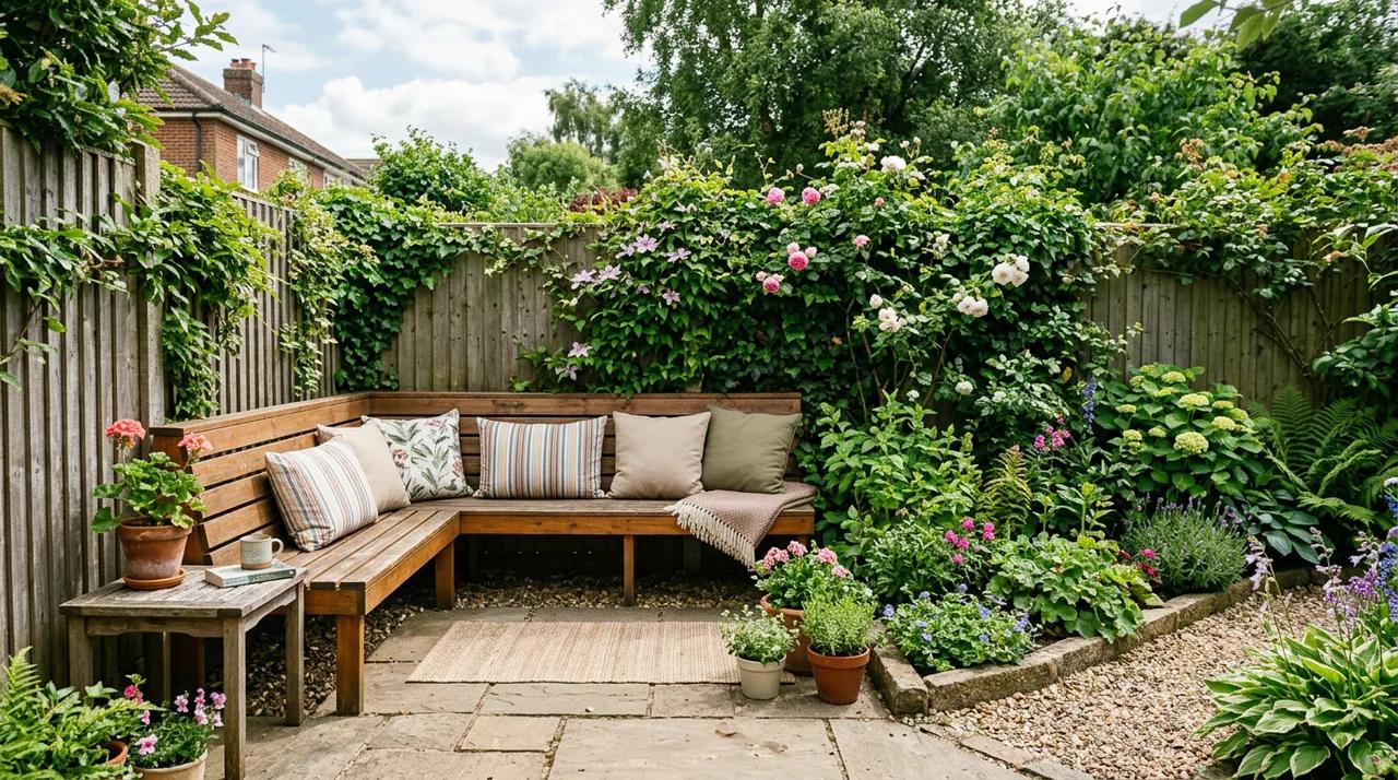 Wooden built-in bench along a backyard fence surrounded by plants and cushions.