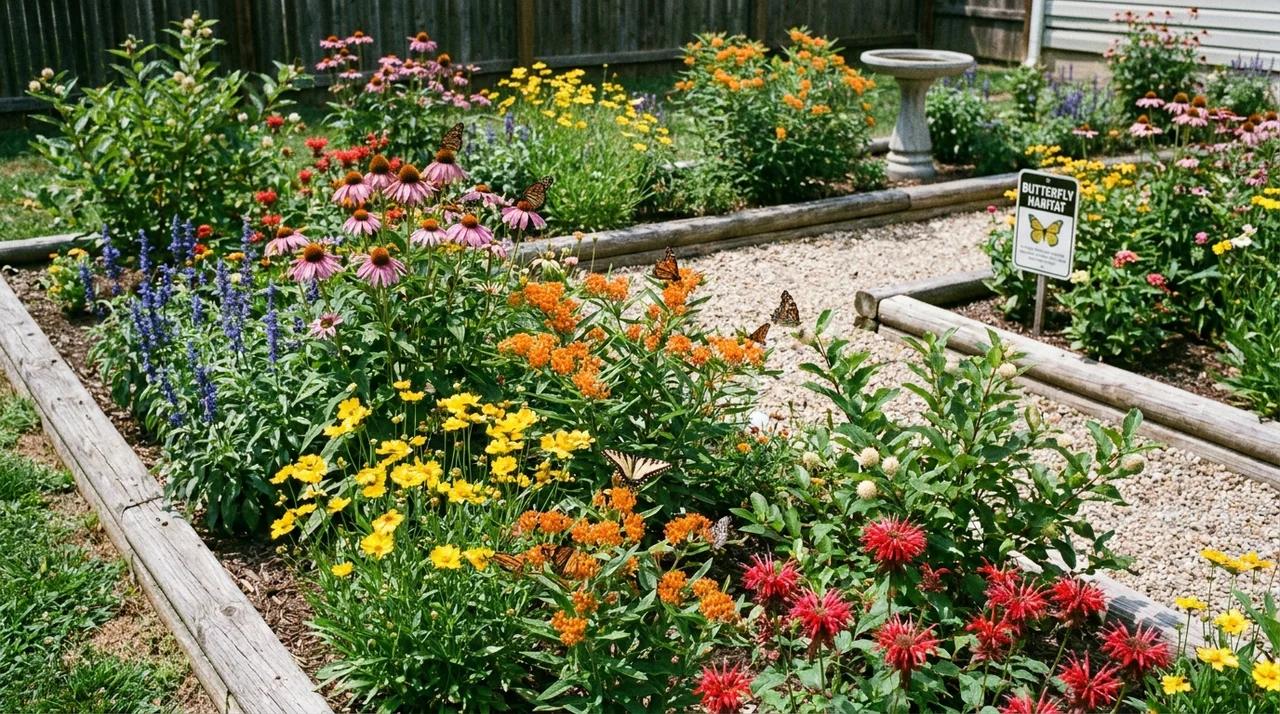 Backyard butterfly garden filled with colorful flowers and pollinator-friendly plants.