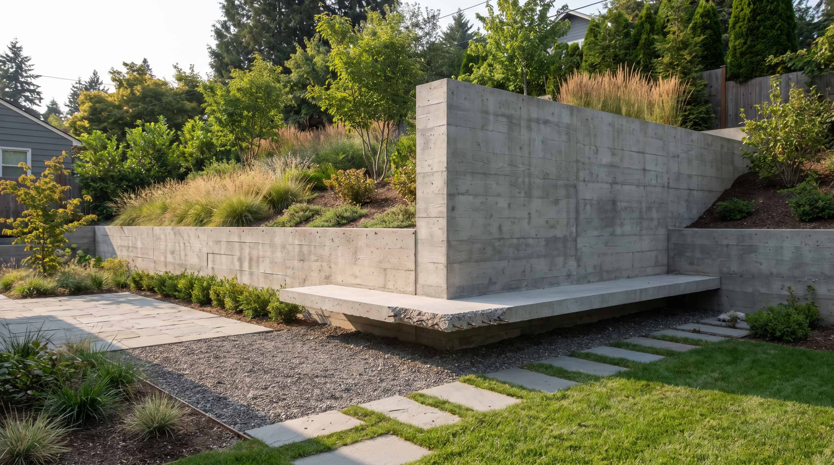 Reinforced concrete cantilever retaining wall supporting a raised garden slope