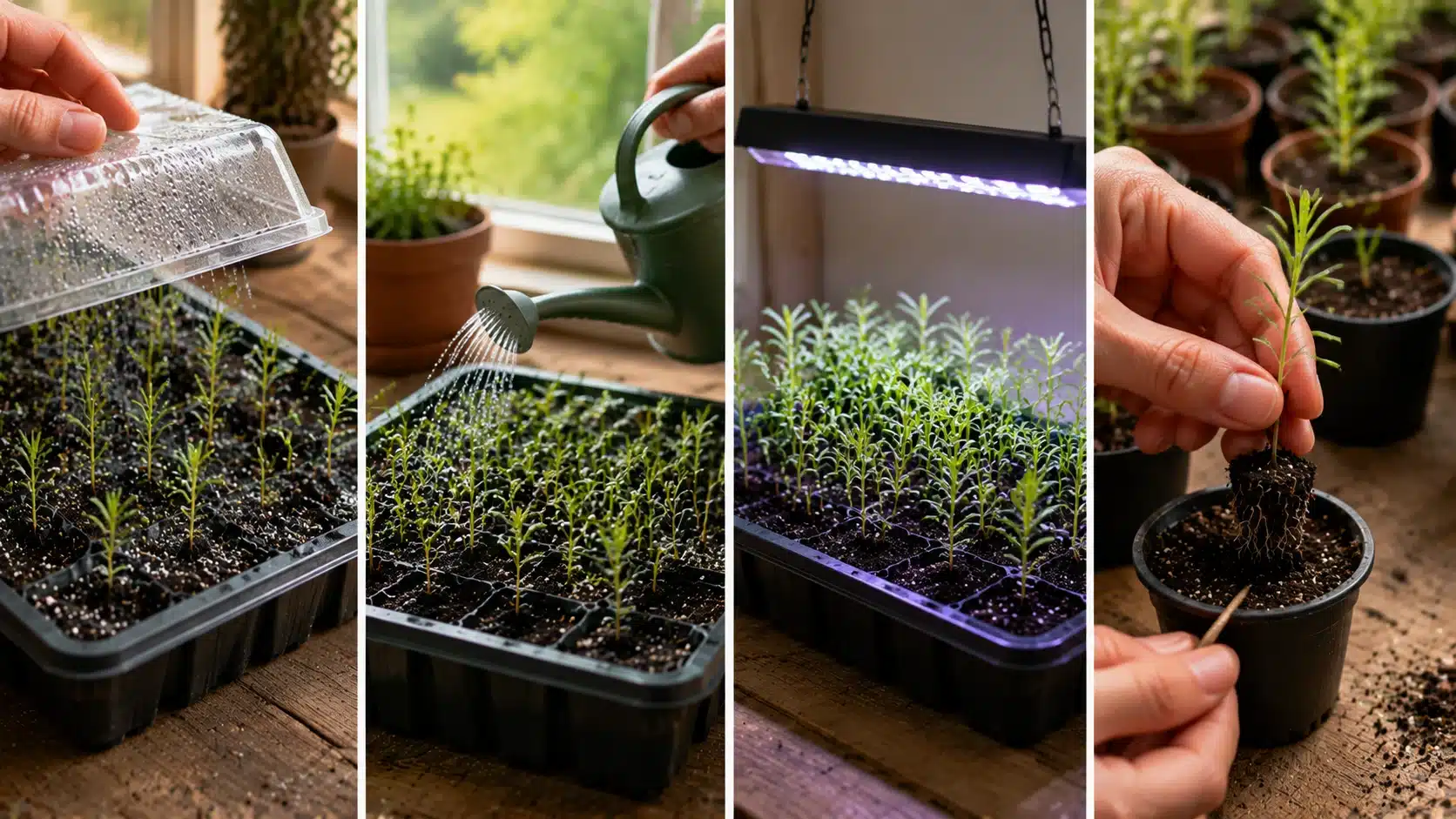 Lavender seedlings being cared for with watering, grow lights, humidity cover removal, and transplanting into small pots.