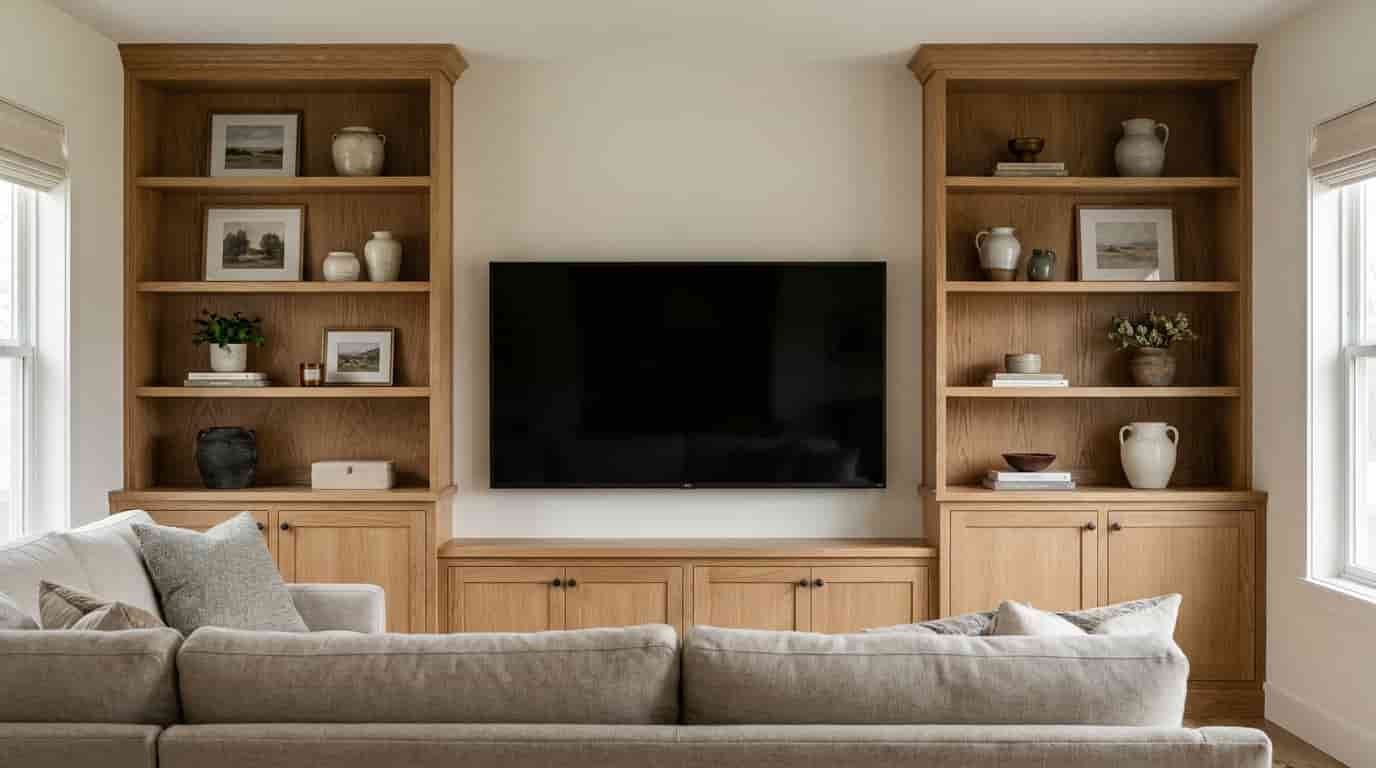 Centered television framed by matching built-in shelves and cabinets in a balanced living room layout.