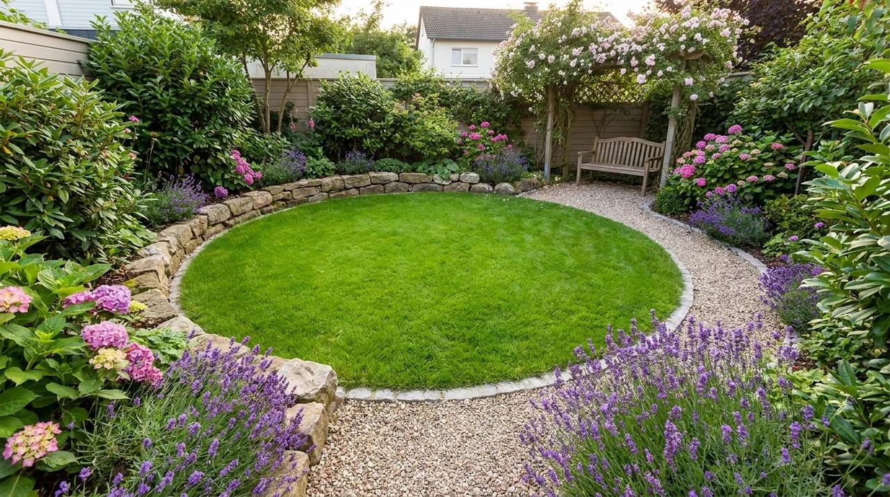 Small backyard with circular grass lawn surrounded by flowers and garden borders.