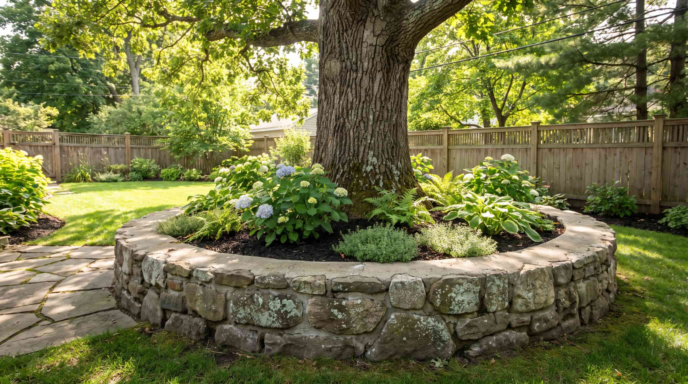Circular retaining wall around a tree with plants and garden landscaping in a backyard.