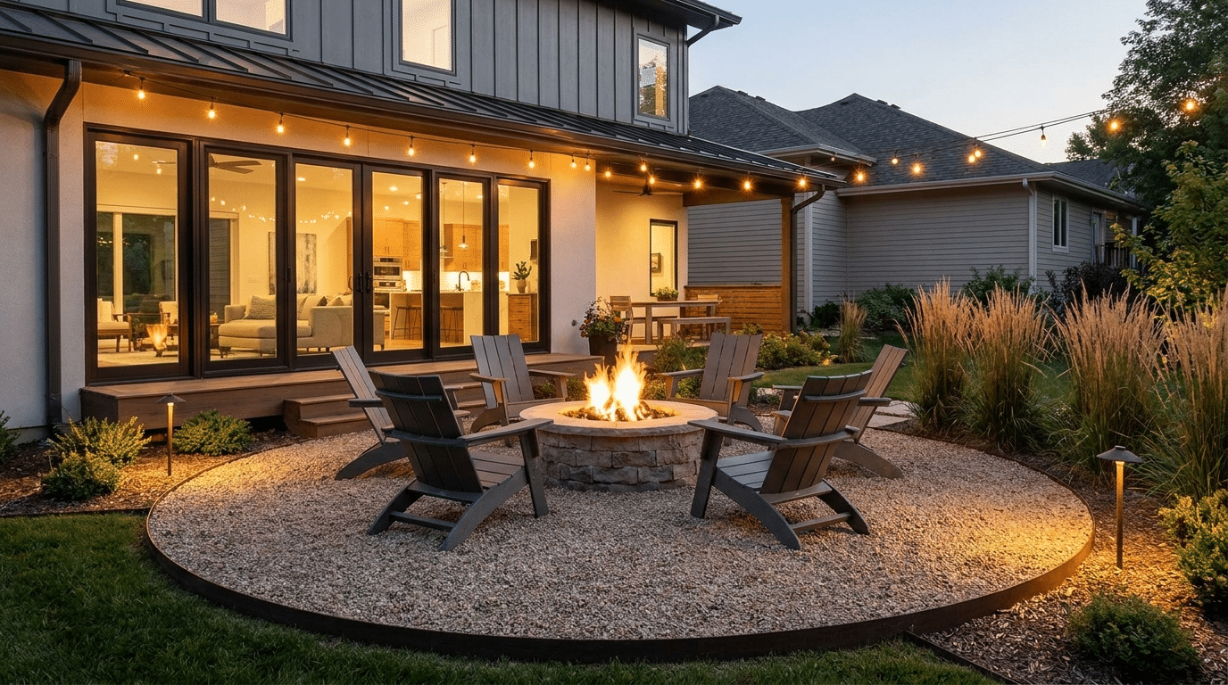 Round pea gravel patio with fire pit, Adirondack chairs, and landscaped backyard beside a house