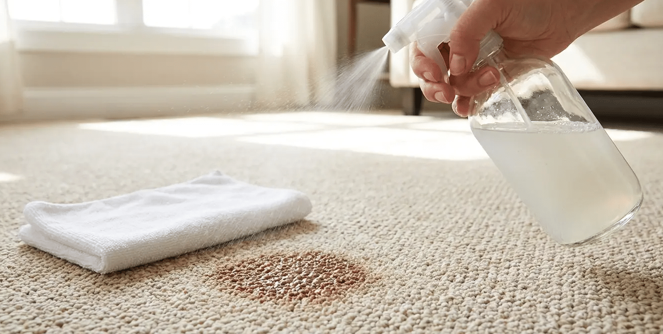 Cleaning solution being sprayed onto a brown stain on a beige carpet, with a white cloth nearby.