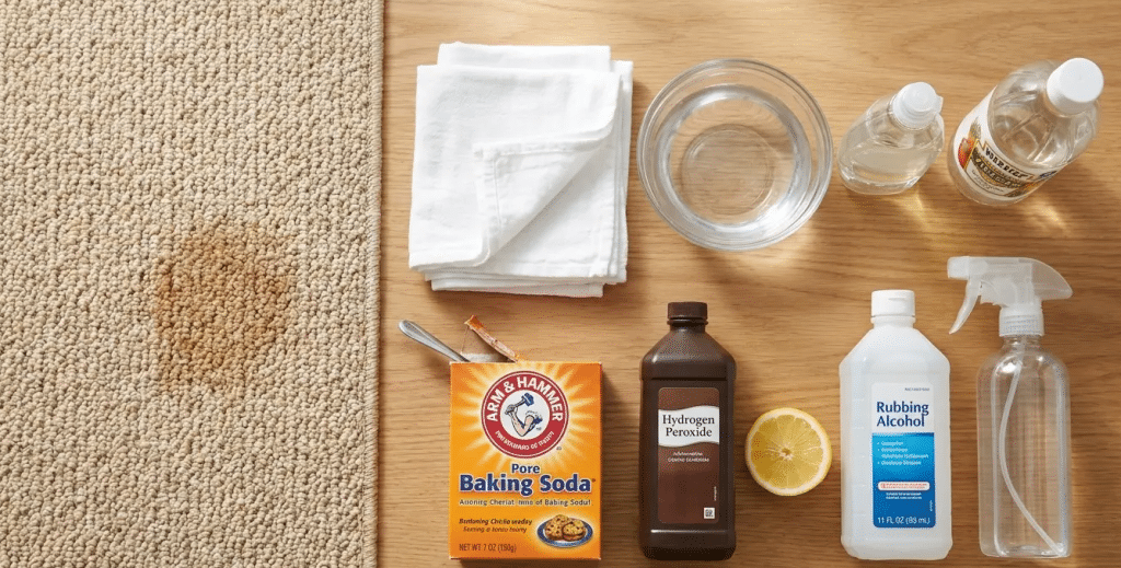 Cleaning supplies arranged on wooden surface with stained carpet nearby