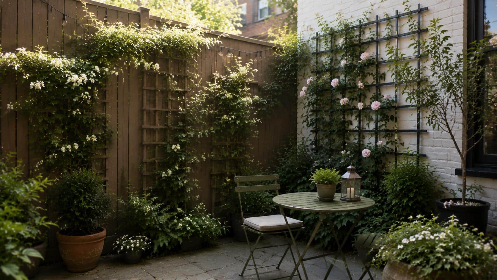 Backyard fence covered with climbing vines and green foliage on a trellis.