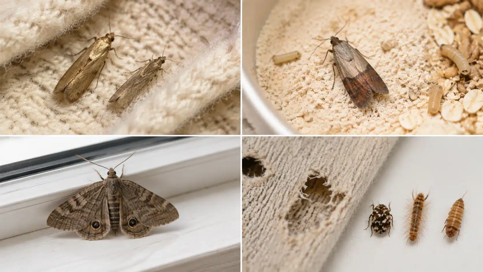Clothes moths, pantry moths, outdoor moths, and carpet beetle damage shown in a four-panel moth identification image.