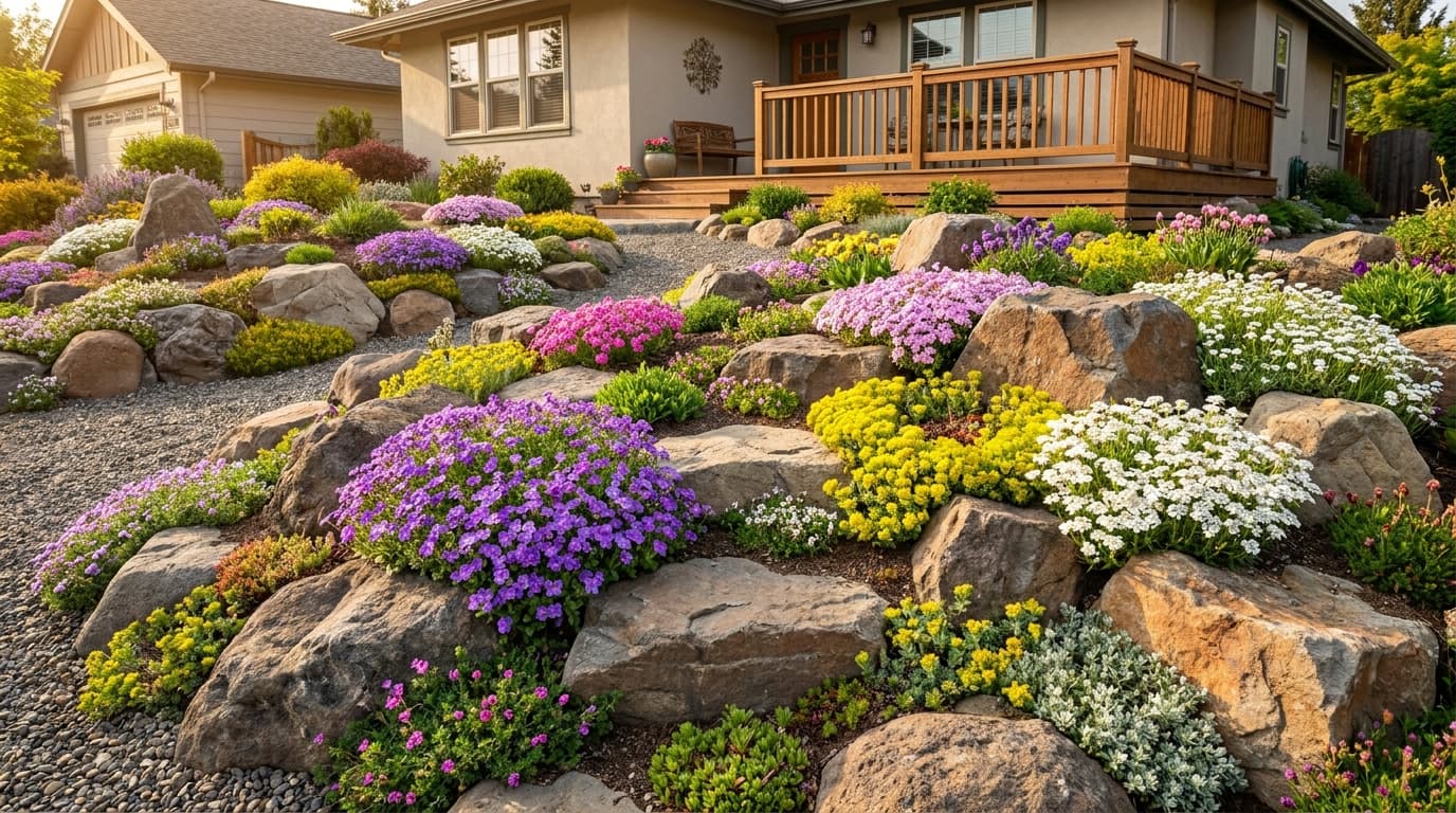 Backyard rock garden filled with colorful flowers, alpine plants, gravel, and natural stone arrangements.
