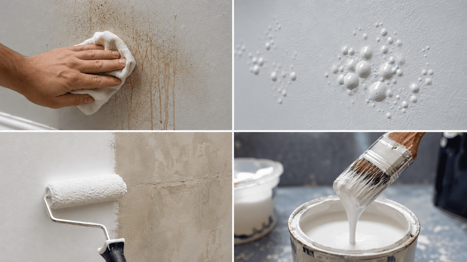 Four-panel collage showing dirty walls, paint bubbles, uneven primer coverage, and thin paint causing wall bubbling.