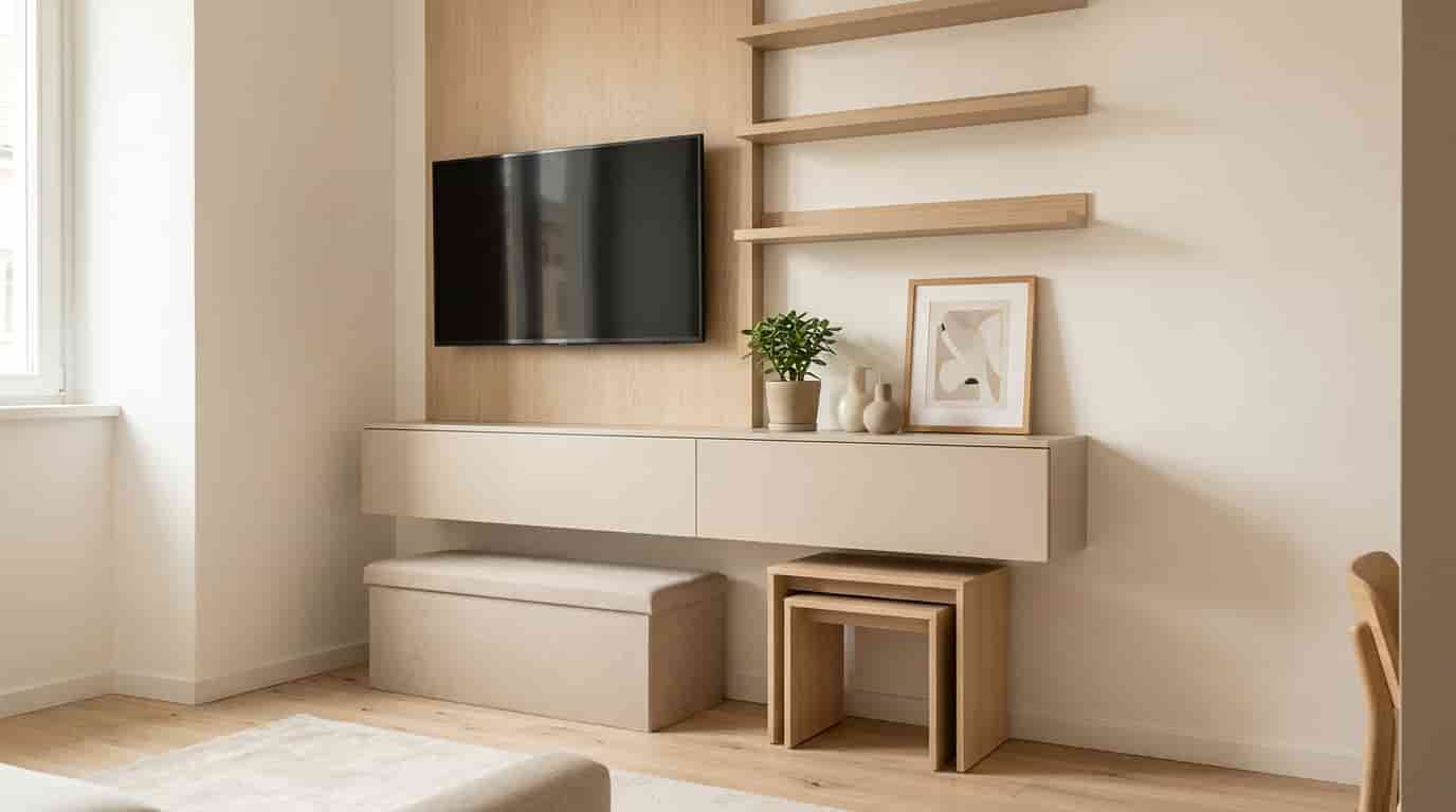 Compact apartment media wall with a floating cabinet, open shelves, neutral finishes, and a wall-mounted television.