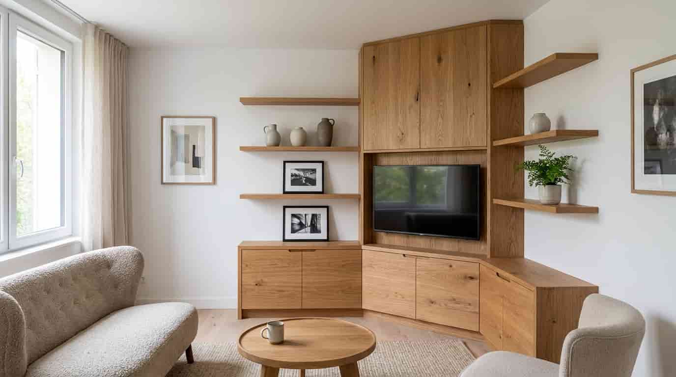 Compact television set within angled corner cabinetry and floating shelves in a small living room.