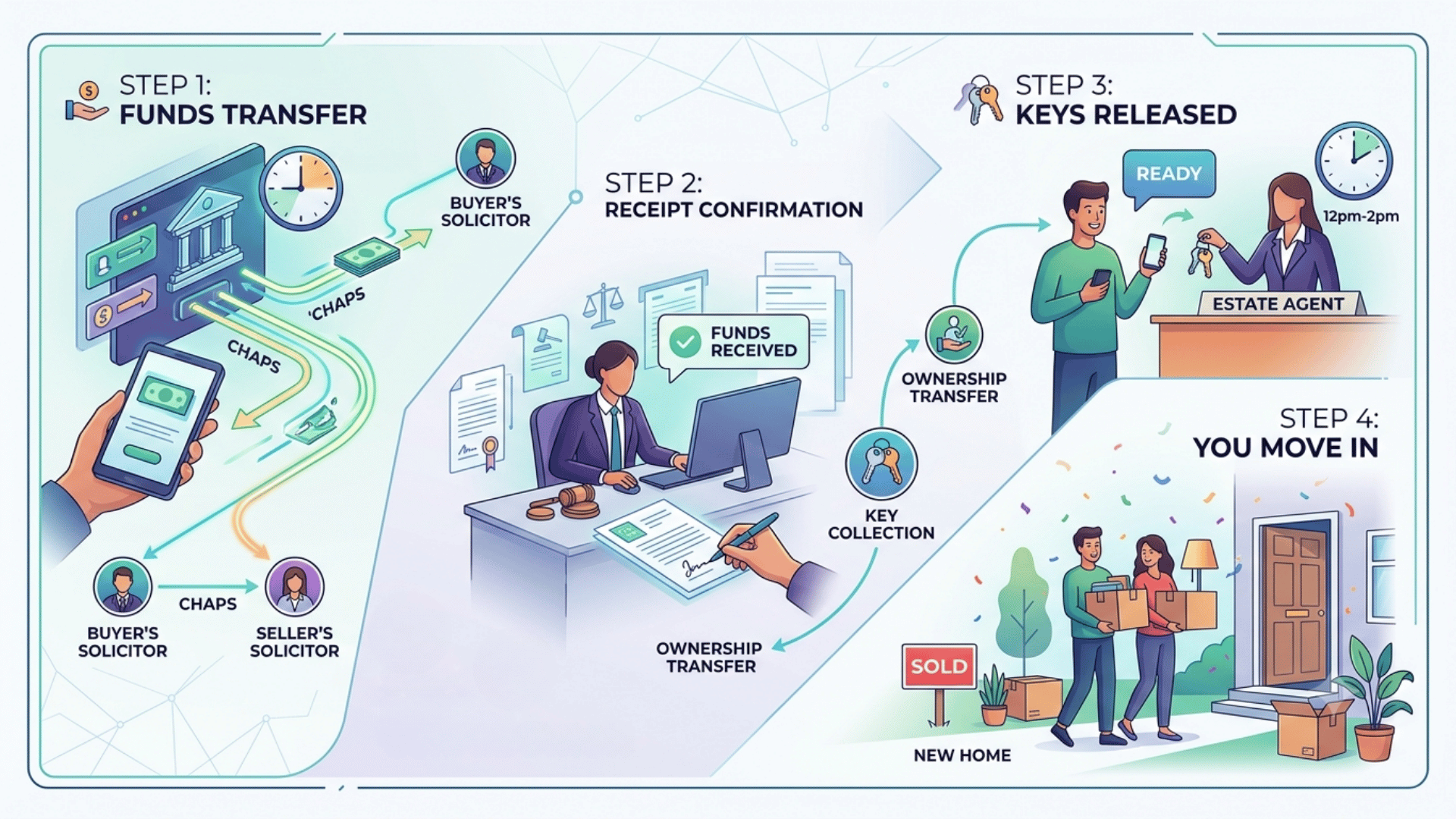 An infographic illustrating the step-by-step property completion process: funds transfer, confirmation, key release, and moving in.