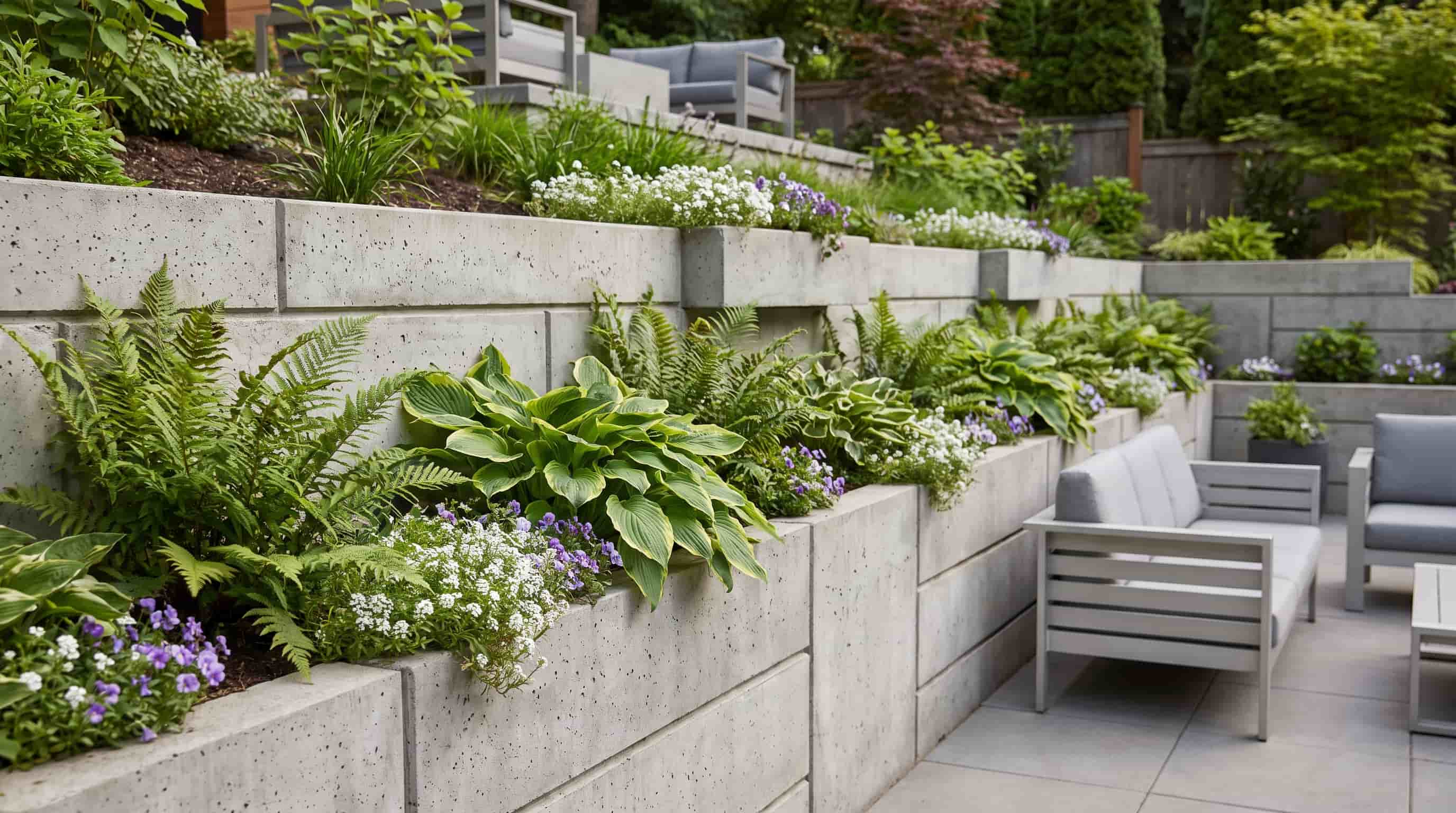 Concrete block retaining wall with built-in planters and greenery in a modern small backyard landscape.