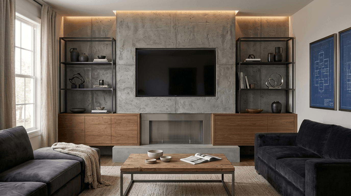 Concrete finish media wall with TV and floating timber cabinets