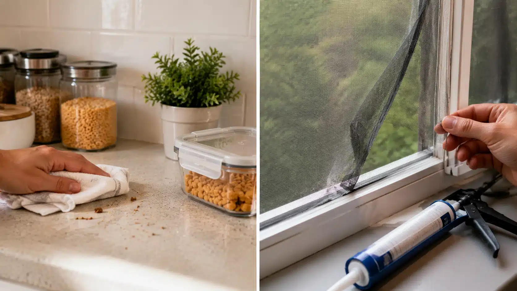 Cleaning kitchen surfaces and repairing window screens to reduce insects that attract spiders indoors.
