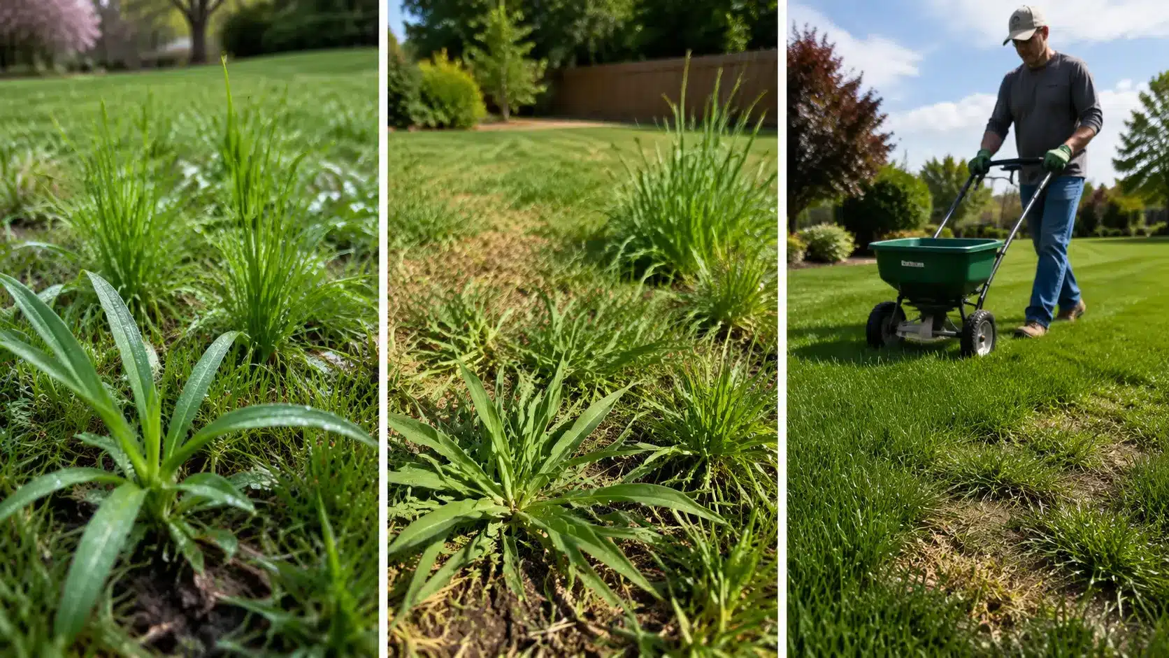 Three-panel lawn image showing cool-season weeds, warm-season grass-like weeds, and seasonal lawn care maintenance