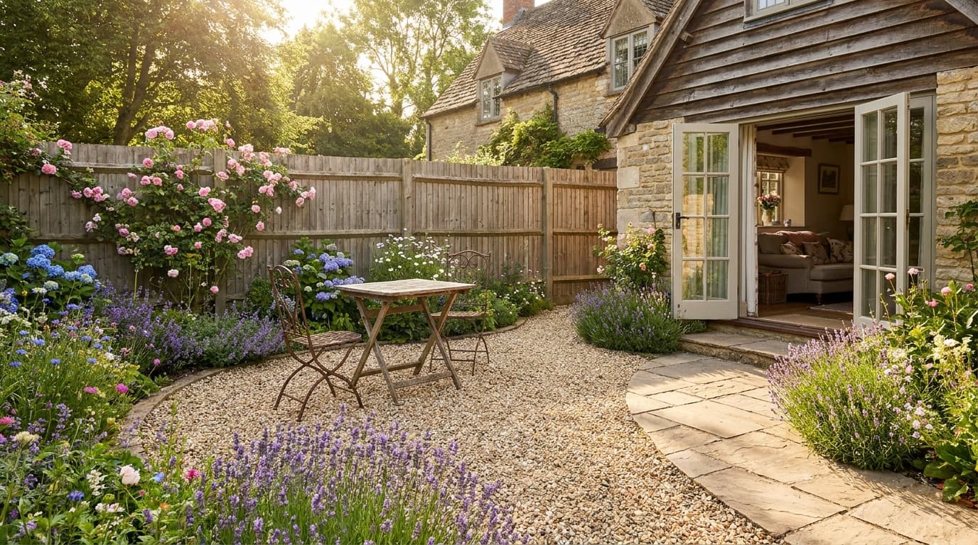 Cottage pea gravel patio surrounded by lavender, roses, hydrangeas, and colorful garden flowers