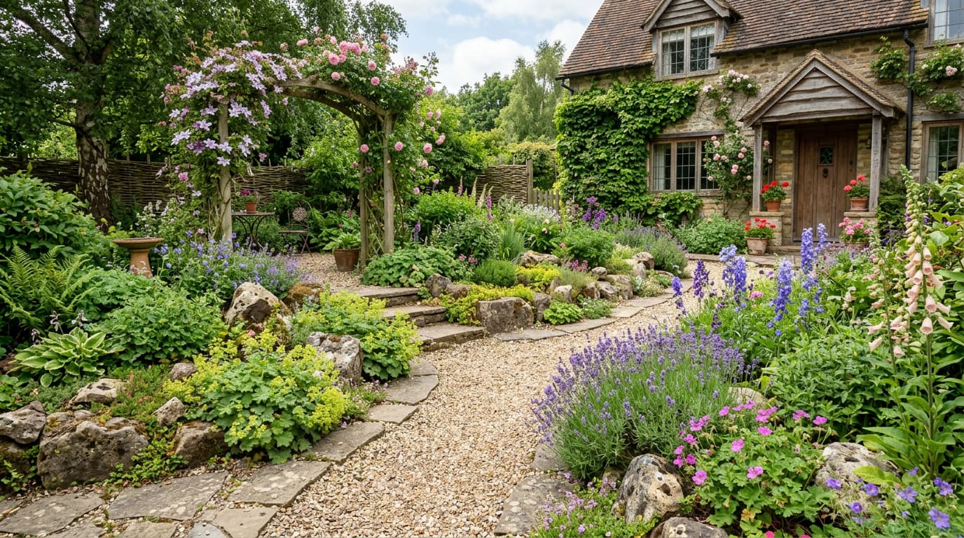 Cottage backyard rock garden with natural stones, flowering plants, winding paths, and lush greenery.