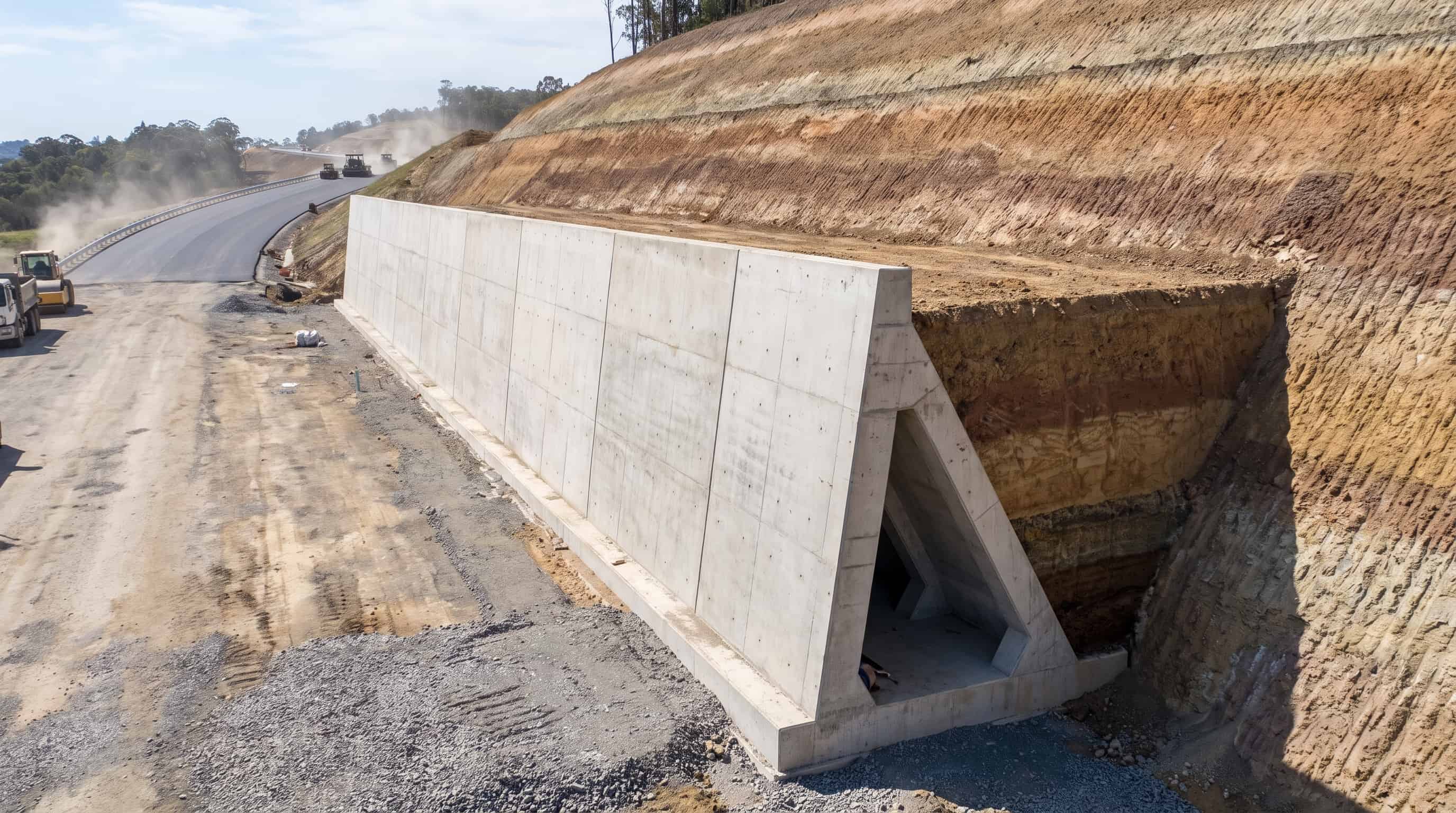 Counterfort retaining wall with concrete supports stabilizing a tall soil slope