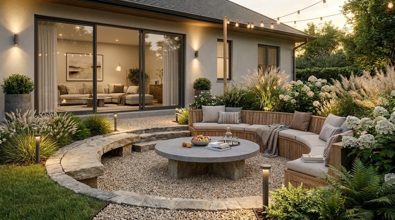 Pea gravel patio with stone bench seating, cushions, plants, and a modern home backdrop