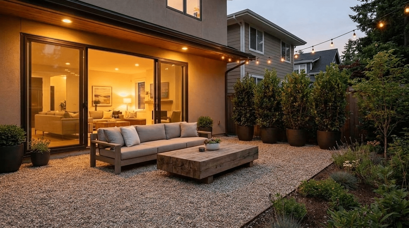 Cozy pea gravel patio lounge with outdoor sofa, coffee table, string lights, and garden plants