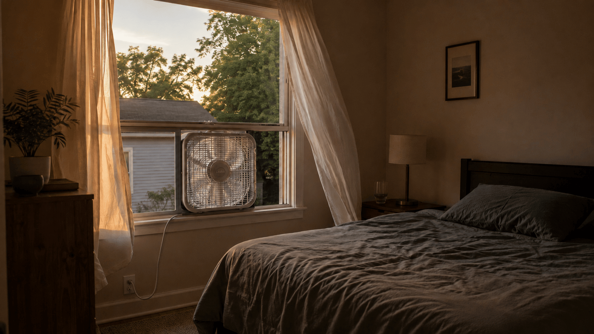 Cozy bedroom at sunset with a box fan in an open window, sheer curtains, gray bed, lamp, plant, and visible power cord near outlet