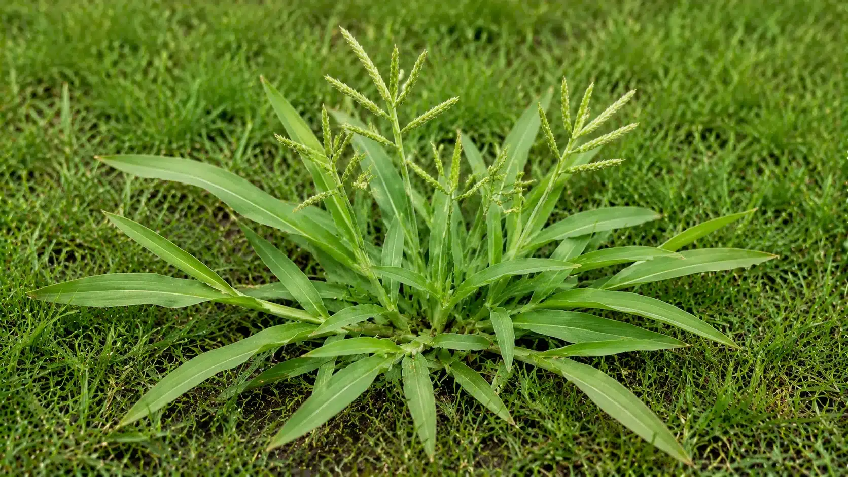 Crabgrass weed with wide spreading blades and finger-like seed heads growing across lawn turf.