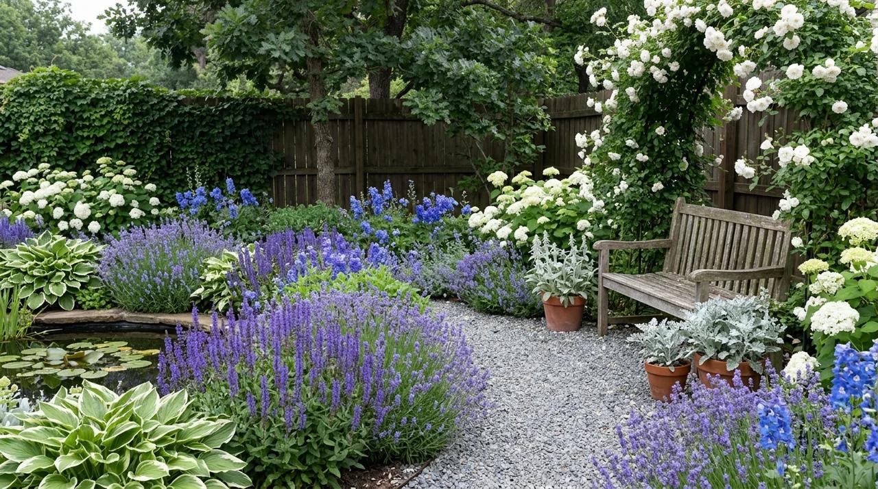 Small backyard garden with coordinated flowers and plants in a planned color palette.