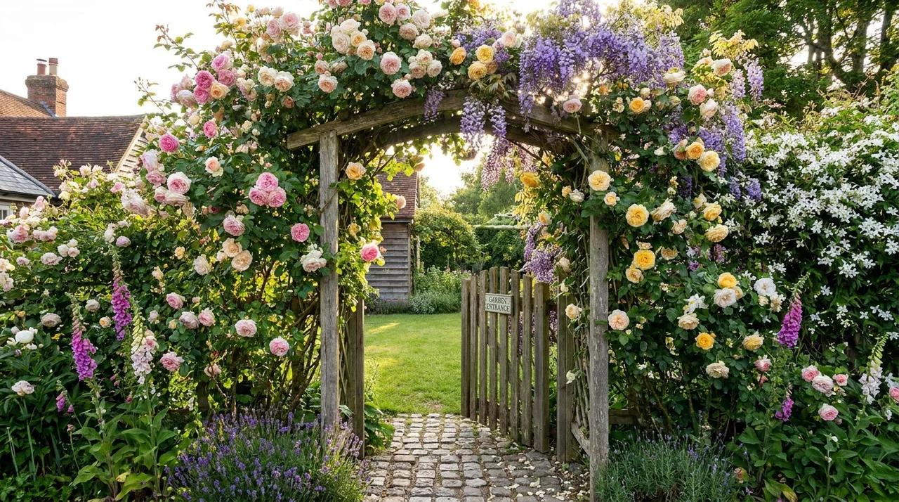 Backyard entrance arch covered with flowering climbing plants and greenery.