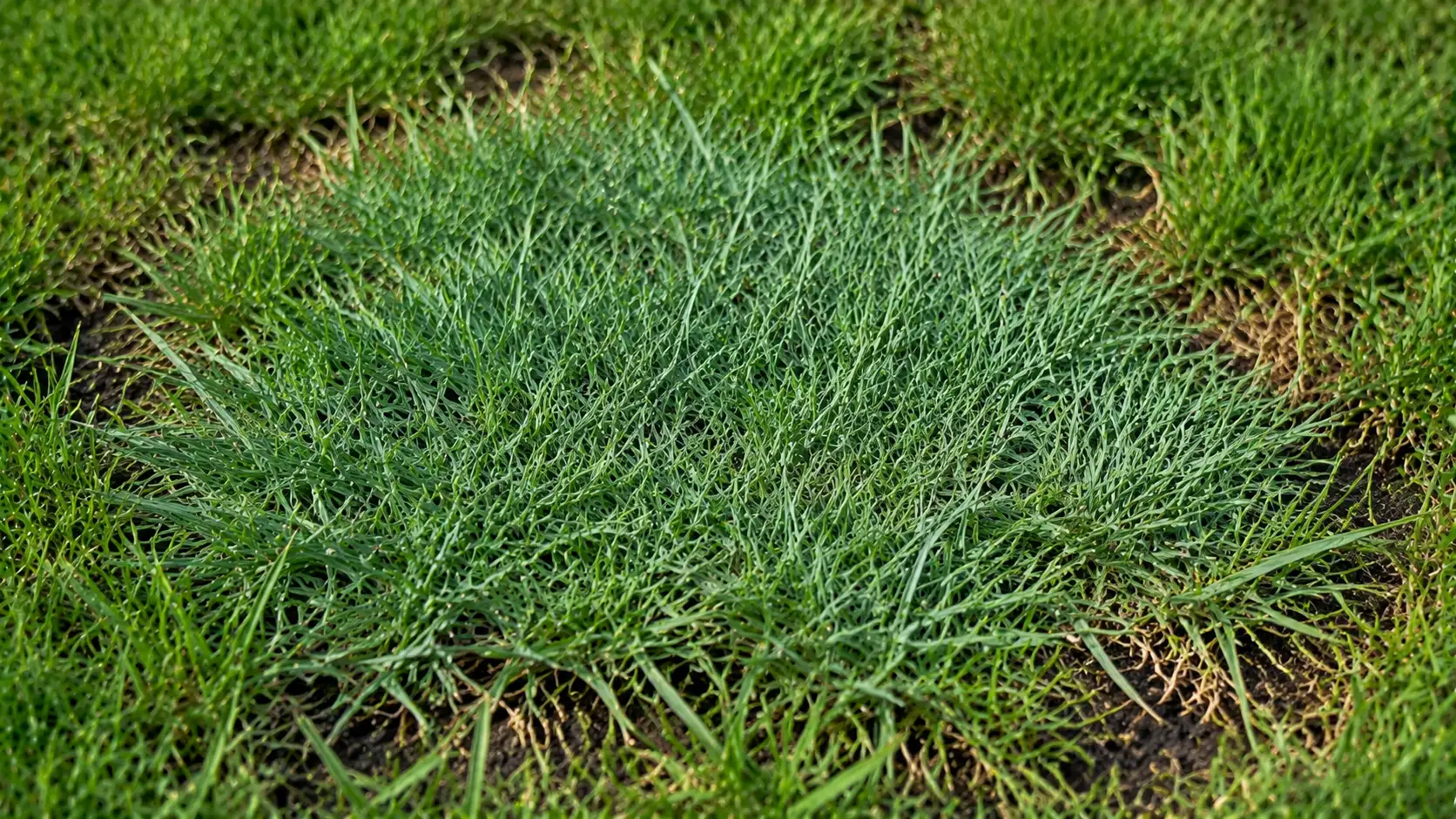 Creeping bentgrass forming a dense blue-green mat across lawn turf with fine blades.