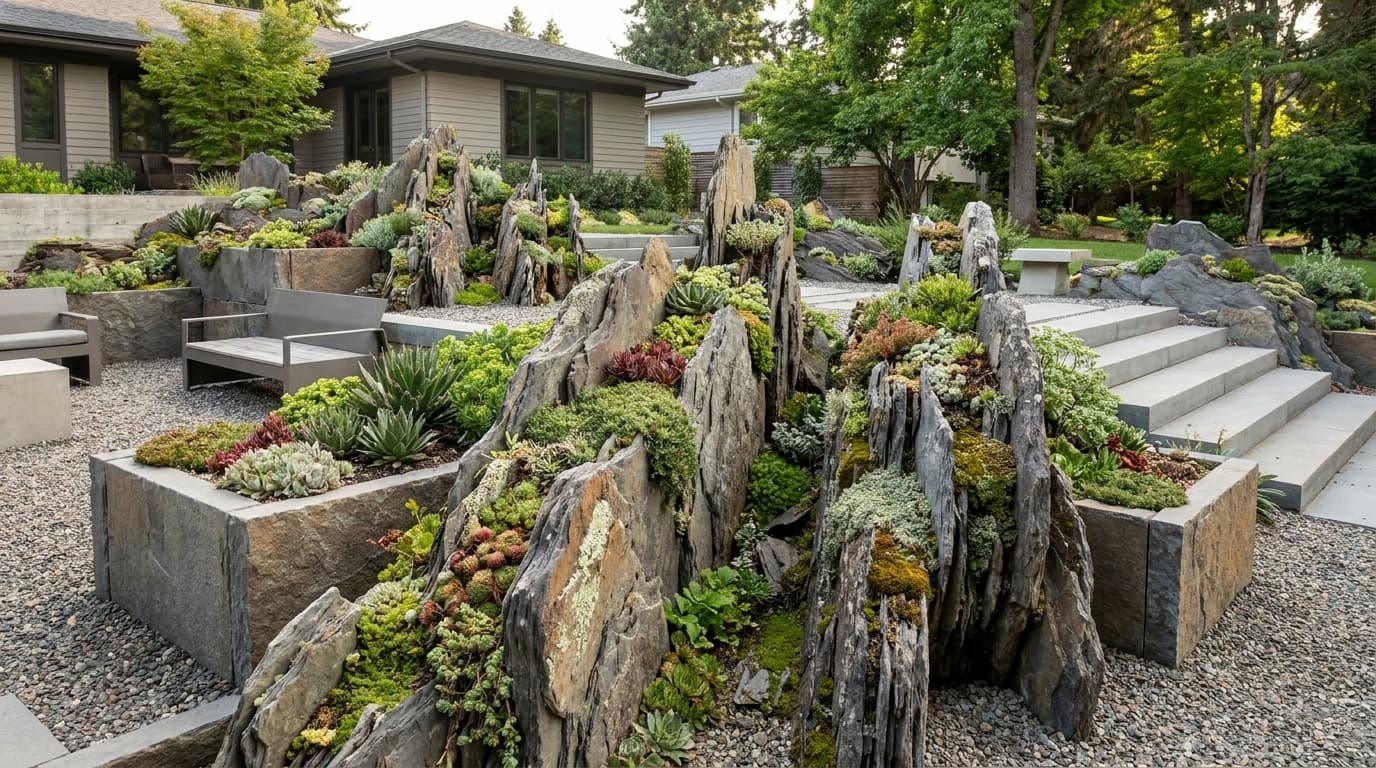 Crevice garden with layered rocks, succulents, and alpine plants growing between natural stone formations.