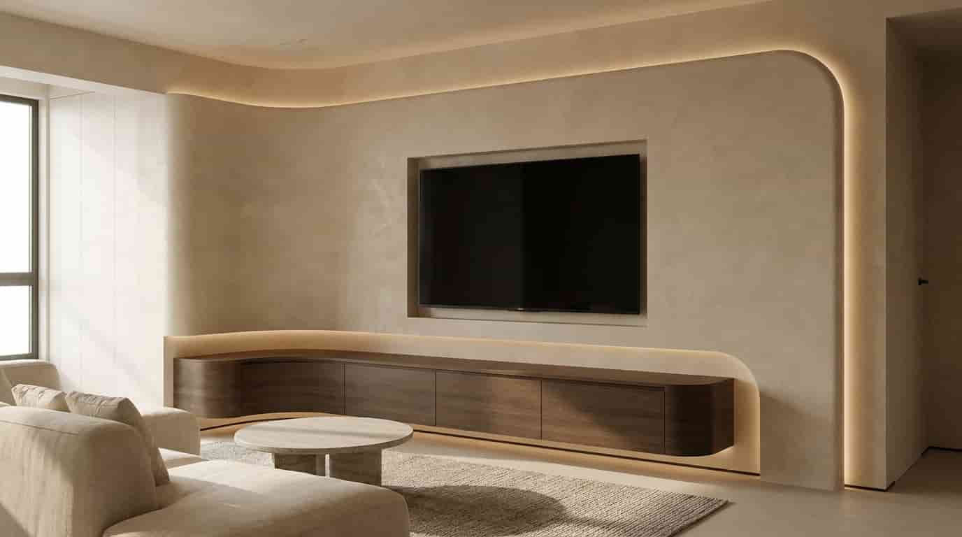 Curved media wall with a centered television, smooth sculptural panels, and soft concealed lighting.