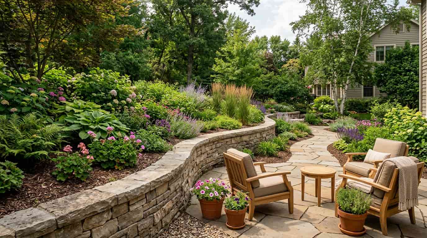 Curved retaining wall with plants and patio creating a natural flow in a backyard landscape.