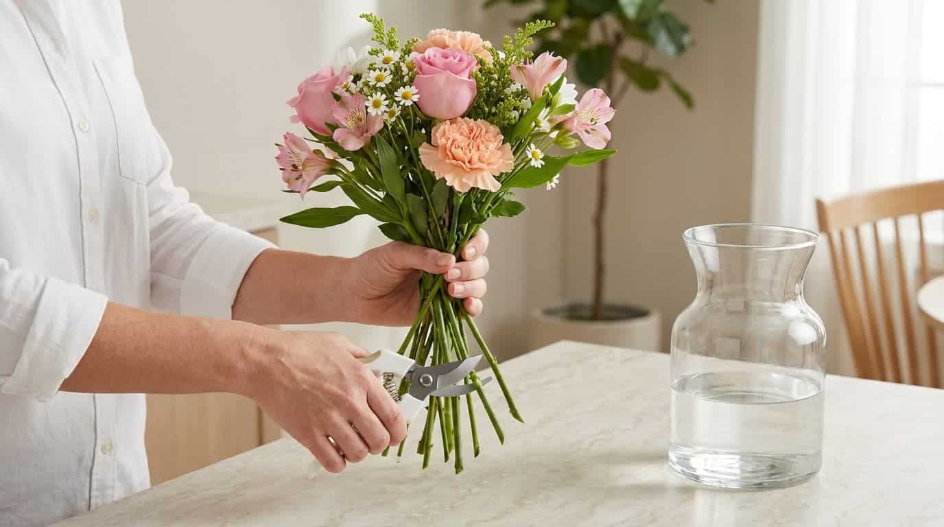Hands trimming fresh flower stems at an angle before placing them in a vase of water.