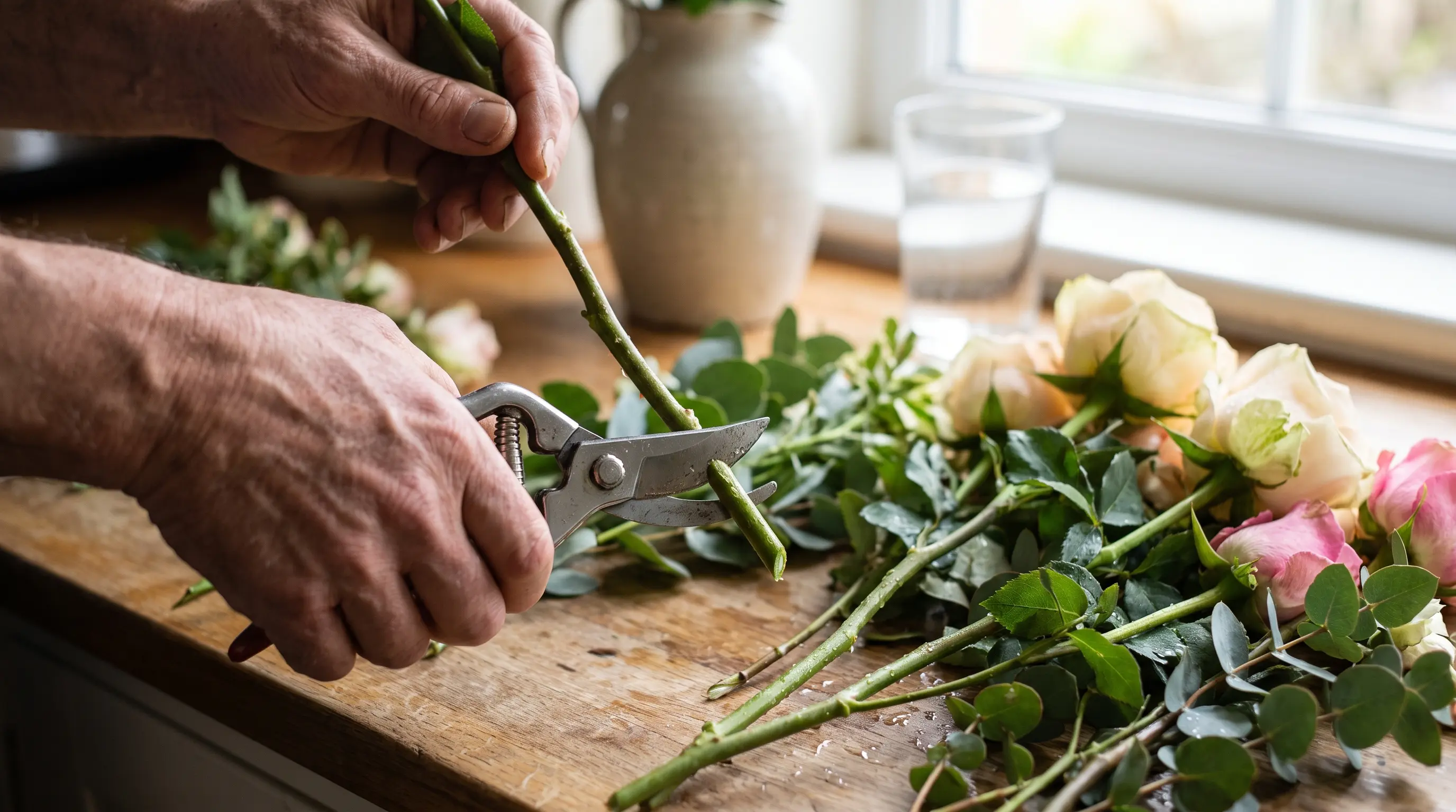 Hands cutting flower stems at a 45 degree angle before placing them in a vase
